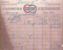 Photo of a 1970s gas station receipt at the Pella location for Farmers Exchange Coop